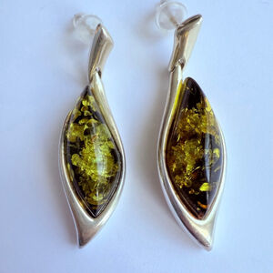 Modernist Abstract 5TCW Green Amber Dangle Drop Sterling Silver Elegant Earrings